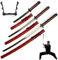 3er Schwert Set mit Ständer - Katana Schwert Echt, Wakizashi, Tanto - Samurai Schwert aus Stahl - Samurai Schwerter als Anime Deko - Japanisches Sword mit Schwertständer - Ninja Schwert, Rot