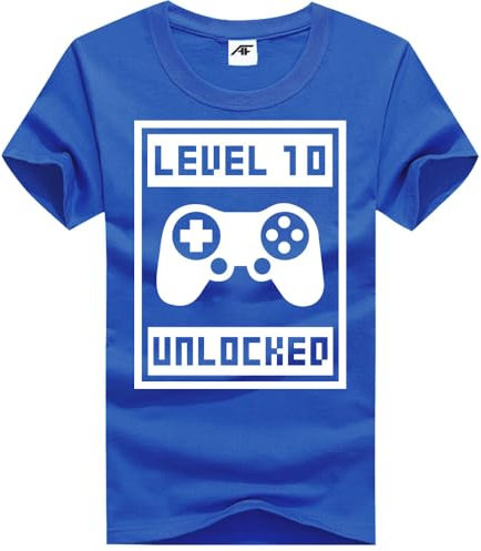 Level 10 Unlocked Game Printed Gamer T-Shirt Kids Funny Gaming Gifts for Boys Ideal Xbox Tees Presents for Teens for Boys and Girls Assorted UK Size RBlue9-11Y