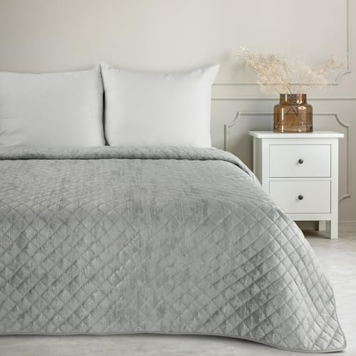 Eurofirany Marmor Decke Tagesecke mit elegantem Muster für Doppelbett Samt Velours Glamour Dekorativer Bettüberwurf (Silber, 220X240 cm)