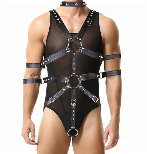 Herren Leder Harness Riemenbody - Einstellbares Brustgeschirr mit Penis Ring, Männer String Unterwäsche, SM Fetisch Cosplay Kostüm
