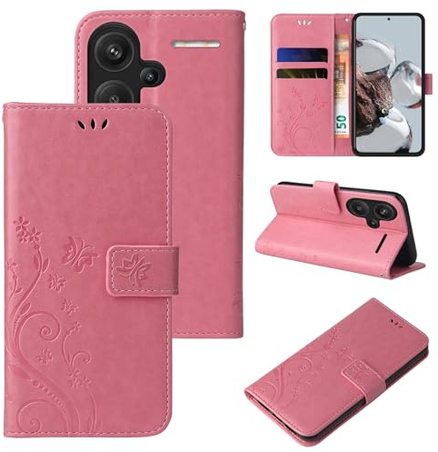 LBH Handy Hülle für Xiaomi Redmi Note 13 Pro+ 5G Case Handytasche Schmetterling Blumen Flower Standfunktion Schutzhülle Magnet Rundum Schutz 360 Grad Flipcase Cover Rosegold