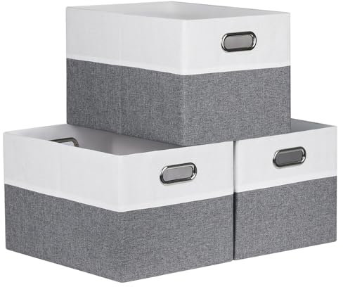 BinWhiz 3 Pack Clothing Storage Bins, Rectangle Large Storage Baskets with Metal Handle, Collapsible Storage Organiser Bins, Fabric Storage Bins for Shelf, Closet, Office 38x28x24 cm (White & Gray)