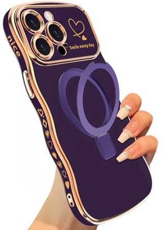 VCGFJD Magnetic for iPhone 15 Pro Max Case with Stand, Cute Wave Frame Curly Shape with Love Heart Pattern Design for Women Girls, Luxury Plating Edge Soft Slim TPU Shockproof Phone Case, Purple