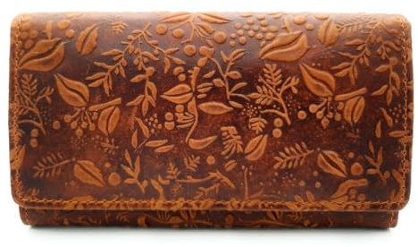 Hill Burry echt Leder Damen Geldbörse Portemonnaie floral mit RFID Schutz (Cognac)