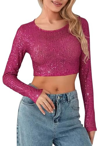Top da donna con paillettes scintillanti per uscire feste, maniche lunghe, vestibilità aderente, top corto scintillante da sera in discoteca, Rosa caldo, L
