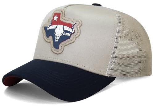 Bão Nu Mundo Cap Hat | Longhorn Texas Trucker Cap - Beige und Blau | Western Rancher Edition | Verstellbar für Herren Damen, Beige, Einheitsgröße