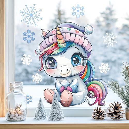 Sunnywall Fensterbilder Winter für Kinder Tiermotive in Winterszene als statisch haftende Fenstersticker, WIEDERVERWENDBAR (Einhorn, A2 Bogen)