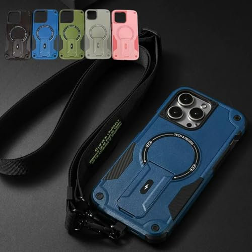 Outdoor Sports Long Strap Crossbody Magnetic Bracket Case for iPhone, Drop-Proof Magnetic Dual Layer Armor Case with Ring Kickstand for iPhone 16 Series (for iPhone15Pro,Blue)
