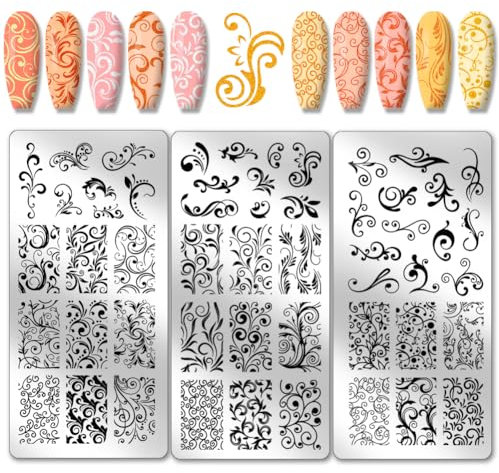 PH PandaHall 3pcs Wirbelmuster Nail Art Schablonen, French Nail Stamping Plate 52 Patterns Plant Floral Nail Art Stencils Edelstahl Stamping Platten für Nageldesign Druck Maniküre Salon Sommer