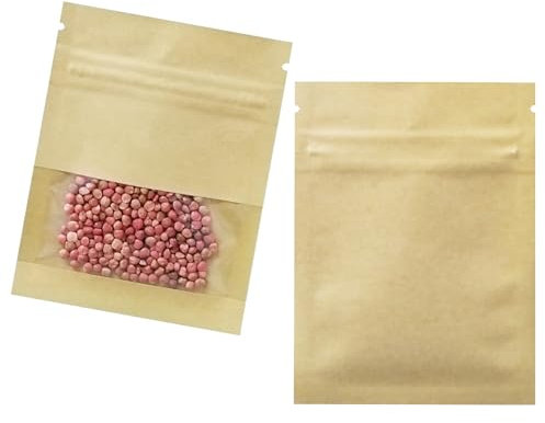 WACCOMT Pack Piccole buste richiudibili per monete, con finestra trasparente, in carta kraft marrone, per monete, salari, francobolli, perline, fiori, verdure, semi di campioni (100, 8,9 x 13 cm)