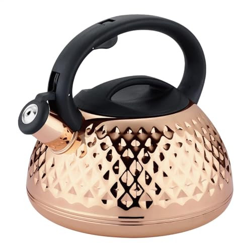 Stainless Steel Gold Kettle - Loud Whistling, Household Kitchen Large Capacity | Stove Top Tea Coffee Pot Durable, Tea Strainer for Loose Tea, Blooming Tea, Gold, Electric Ceramic Stove