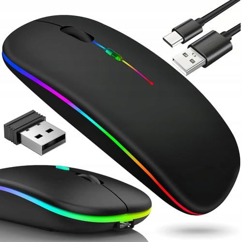 Souris optique fine 2,4 GHz Bluetooth pour PC et ordinateurs portables | Sans fil, ergonomique, USB-C rechargeable, max 1600 dpi réglable, portable et légère, universelle (noir)