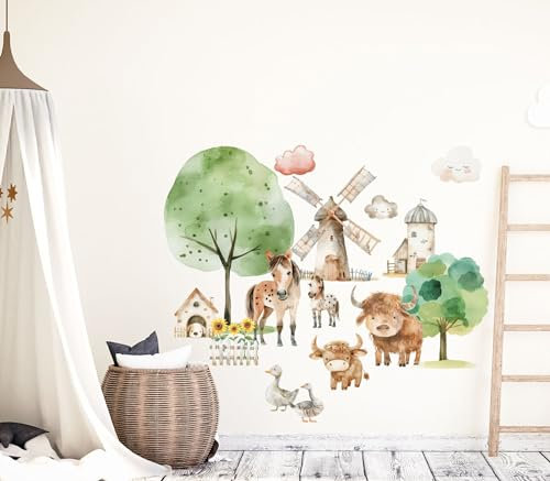 wolga-kreativ Wandtattoo Kinderzimmer - Wandsticker Dorf Schaf Kuh Pferd Mühle Deko Kinderzimmer - Wandsticker & Wandaufkleber Kinderzimmer | Dekor für Jungenzimmer