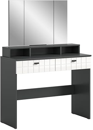 xonox.home Schminktisch Monte Schminktisch mit Spiegel Frisiertisch Kosmetiktisch Schreibtisch in anthrazit und weiß Hochglanz, ca.100x142x42 cm mit Spiegel und Schubkästen