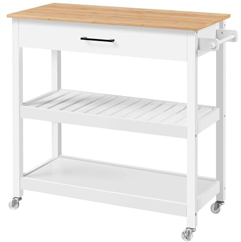 Yaheetech Rolling Kitchen Island Cart, Utility Storage Trolley on Wheels with Bamboo Worktop, Detachable Towel Rack and Drawer for Kitchen/Dining Room, White