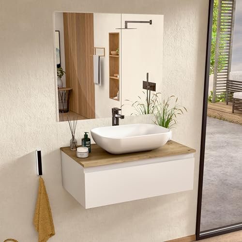 BELLOBATH - Mueble Baño Suspendido con Lavabo de Cerámica, Mueble Baño con Lavabo Montado con 1 Cajón, 100 x 27 x 46 cm, Mueble Blanco y Tapa Roble