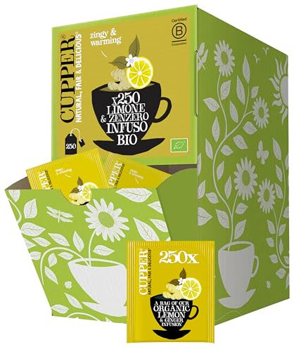 CUPPER Infuso Limone e Zenzero Bio, Tisana Digestiva Biologica, Formato Convenienza per Casa, Ufficio e Catering, con Filtri 100% Biodegradabili e Non Sbiancati, Confezione Maxi da 250 Bustine