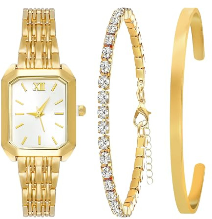 NEWITIN 3 Pieces Women Gold Watch Bracelets Set Fashion Costume Jewelry Stainless Steel Gold Plated Square Wristwatch Diamond Bangle Bracelet Watch Jewelry Set for Women