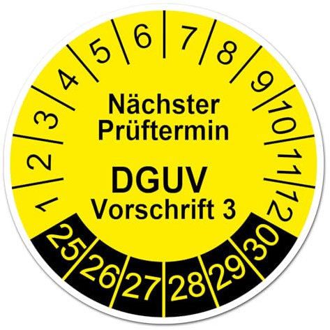 Finest Folia Prüfplaketten Set DGUV Vorschrift 3 Nächster Prüftermin 2025-2030 Prüftetiketten je 30x30mm gelb Ø3cm Prüfaufkleber Plaketten selbstklebend wasserfest R230 (10)