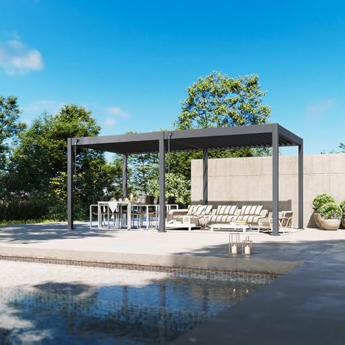 Weide Classic Aluminium Pergola 3x6 m Anthrazit freistehend | Witterungsbeständiger Pavillon mit verstellbarem Lamellendach, Handkurbel & integriertem Wasserablauf für Garten & Terrasse.