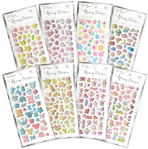 Meafeng 3D Aufkleber für Kinder, 8 Blätter 366 Verschiedene Puffy Sticker, Glitzer Aufkleber, Einschließlich Blumen, Herz, Wolken, Baby Sticker