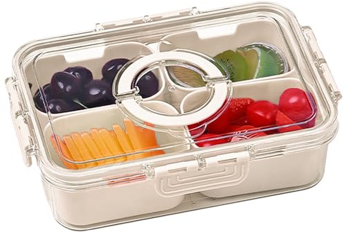 Wnddle Bandeja de Aperitivos con Tapa, Caja De Snacks Con 4 Compartimentos, Snack Box Platos Portátiles de Aperitivos, Para Dulces Frutas Galletas Postres Verduras Frutos Secos