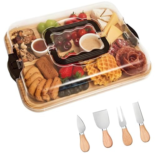ZHUIYIWIN Cheese Board and Knife Set, Cheeseboard Serving Board with with Lid Handle, Charcuterie Board, Cheese Board Platter Christmas Tray House Warming Gift (Square)
