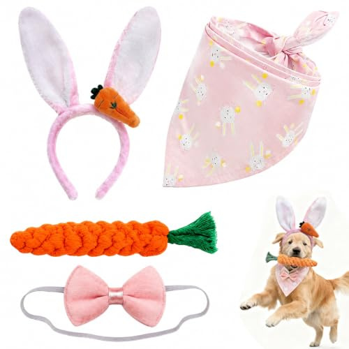 LZPLJLWS Ensemble d’Accessoires de Pâques pour Chien – Oreilles de Lapin, nœud Papillon, Bandana Rose et Jouet Carotte tressée – déguisement Adorable pour fêtes, Photos et Jeux