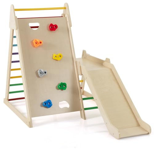 DREAMADE 3-in-1 Kletterdreiecke, Klettergerüst Indoor mit Rutsche, Leiter & Rampe, Kletterspielzeug mit robustem Holzrahmen, Montessori Kletterspielzeug für Kinder ab 3 Jahren (Bunt)