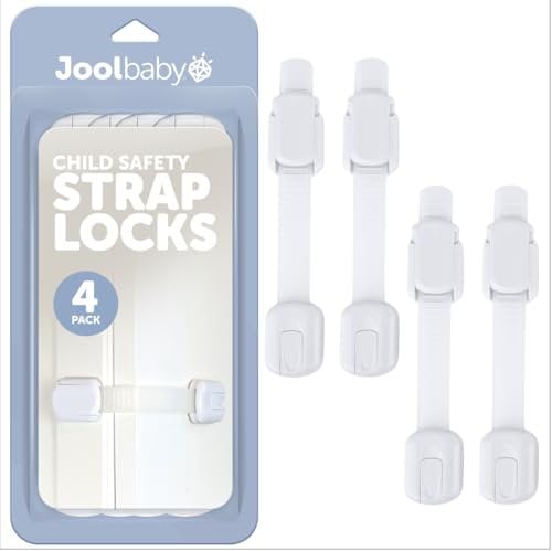 Jool Baby Products Child Safety Strap Locks for Cupboards, Fridge, Cabinets, Drawers, Dishwasher, Toilet, 3M Adhesive No Drilling (Pack of 4)
