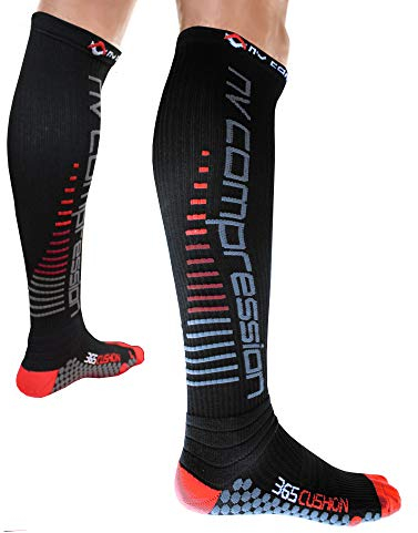 NV Compression 365 Cushion Calcetines Compresión Negros - Cushioned Compression Socks - Black - For Sports Recovery, Work, Flight - Running, Cycling, Soccer, Rugby, Gym, Golf (Negro/Rojo Rayas, Med)