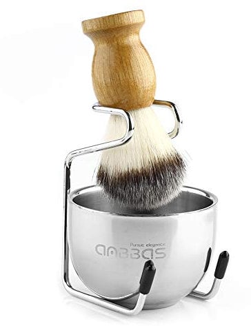 Anbbas Ensemble de blaireaux synthétiques pour blaireau, kit de rasage 3 en 1 avec support de rasage en acier inoxydable et bol pour homme rasage de près