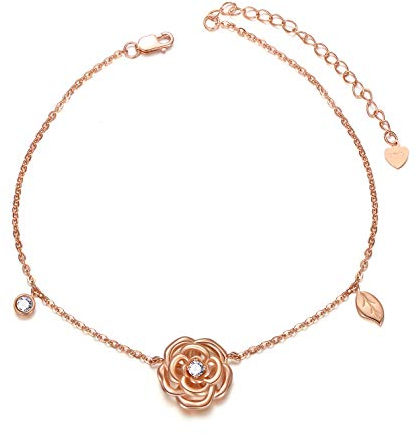 Bracelet de Cheville Fleur Rose en Argent Sterling pour Femme