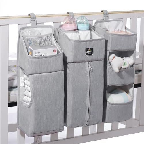 Sunveno Hängender Aufbewahrung babybett Hängender Organizer babybett Windeltasche Hängender Aufbewahrungstasche babybett windelkorb organizer mit abnehmbarer Partition (Grau)