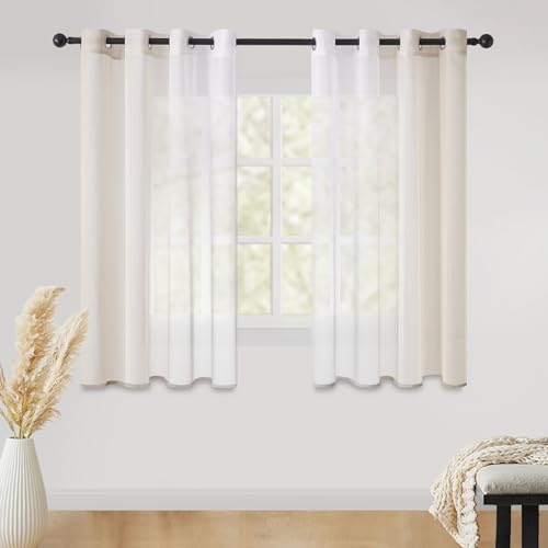 CUTEWIND Farbverlauf Gardinen mit Ösen aus Polyester Gardinen Kurz 160 hoch für Kinderzimmer Wohnzimmer Voile Vorhang Weiß Beige 138x160cm 2er Set je
