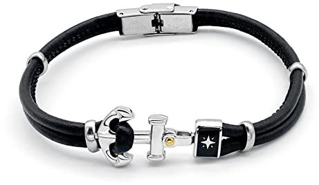 Runda Jewelry Bracelet pour homme noir en cuir véritable avec ancre chaîne réglable en acier inoxydable, taille 21, 21cm, Cuir Acier inoxydable