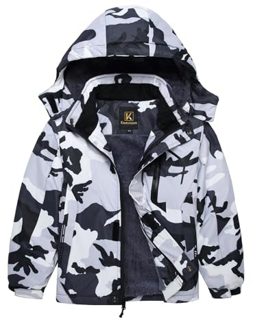 Keevoom Jungen wasserdichte Skijacke Winter Warm Dicker Schneemantel Winddicht Fleece Kinder Outdoor Hooded Snowboard Jacken, Schwarz Camouflage, 14-16