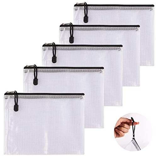 5 Pièces Pochette PVC Zip, A5 Plastique Pochettes Zippées, Imperméable PVC Mesh Zipper Pouch, PVC Zip Document Dossier Pour Document Stockage