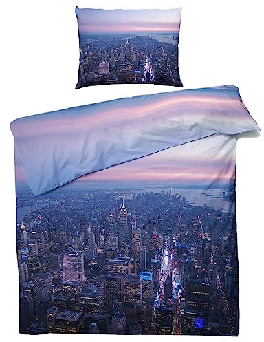GEDAEUBA Sommer Bettwäsche 155x220 New York - Stadtmotiv Bettbezug 155x220 3 teilig, Wendebettwäsche und Kissenbezug 80x80, Weiche & Atmungsaktive Mikrofaser Bettwäsche-Sets mit Reißverschluss