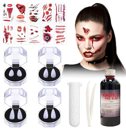 Halloween Make-Up Set, Artificial Blood 100 ml, 4 Pairs Halloween Vampire Teeth 13 mm 15 mm 17 mm 19 mm, 10 Halloween Scar Tattoos, Zombie Vampire Wounds Scars Makeup for Children Adults Unisex