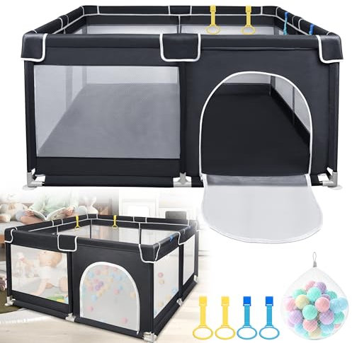 UISEBRT Laufstall Baby Laufgitter Schutzgitter mit Rutschfester Basis und Atmungsaktivem Netz und 50 Bälle, Stabiler Absperrgitter Aktivitätszentrum für Kinder,Schwarz,127x127cm