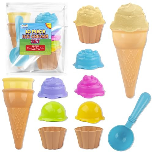 abeec Ice Cream Beach Set - 10 Piece - Beach Toys For Kids - Ice cream Bath Toy - Sand Toys - Ice cream Mould Set with Cones Scoop and Tubs - Travel Toys