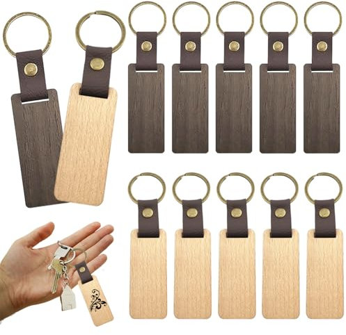 Anyasen 12 Pièces Porte Clés en Bois Vierges,Porte Clef Bois Rectangle,Porte-Clés en Bois avec Bande de Cuir,Pour la Peinture, la Décoration, les Cadeaux