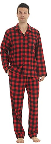 YUSHOW Ensembles de Pyjama Homme à Carreaux Coton Vêtements de Nuit Manche Longue Haut et Bas, Rouge Noël, L