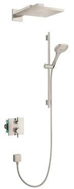 hansgrohe Raindance E Complete Shower System Shower Set Modern 3-Spray PowderRain, Rain, Full and Massage Volume and Auto Temperature Control in Brushed Nickel, Rough and Shower Valve Included 2 GPM