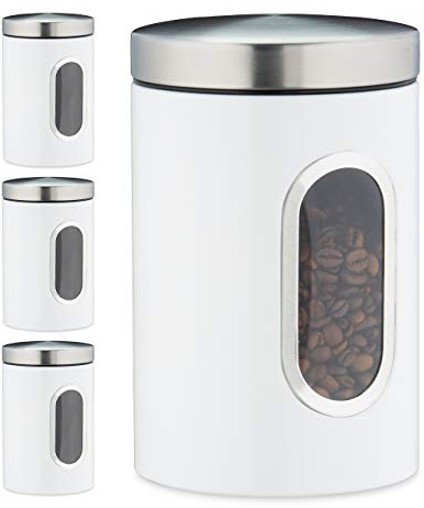 Relaxdays Set of 4 Storage Canisters, Lid, Window, 1.4 L, for Coffee, Kitchen Pantry Container, Jar, Metal, White