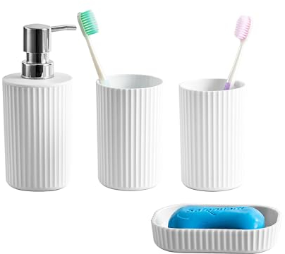 Novel Solutions Premium 4-Piece Bathroom Accessories Set – Matt Grey Rubber-Coated Soap Dispenser, Soap Dish, 2 Tumbler Cups & Toothbrush Holder – Modern Vanity Organiser Kit (White Finish)