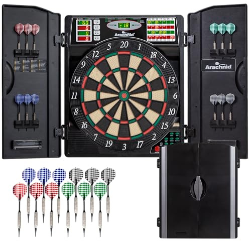Arachnid Titanium 5400: 13.5” target with integrated cabinet. Offers 38 games, 316 variations, color LED scoring, and solo play. Includes Double In/Out modes for competitive game room fun