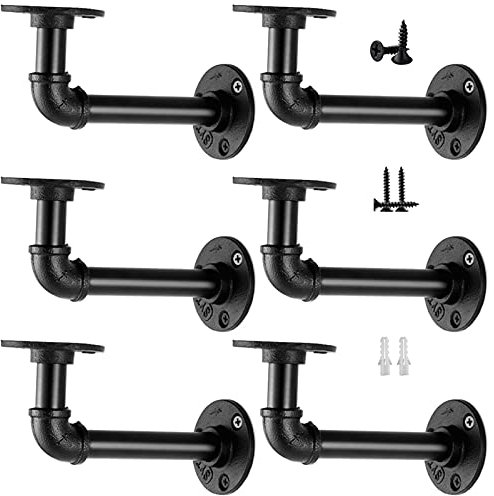 Industrial Pipe Shelf Brackets for 8 10 12 14 inches Board, Iron L Pipe Floating Shelf Bracket Heavy Duty Metal Shelving Brackets for Shelves- 6 Pack Black