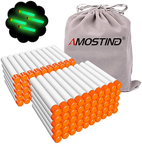 AMOSTING 100 Stück weiß Pfeile kompatibel mit Nerf Elite 2.0, Refill Darts Foam Patronen Ersatzpfeile mit einem Sack - Leuchten im Dunkeln